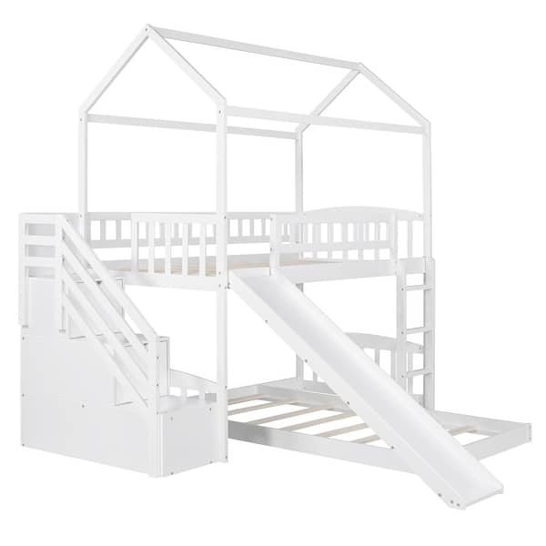 White Twin Over Twin PlayHouse Perpendicular Bunk Bed with Slide Bed