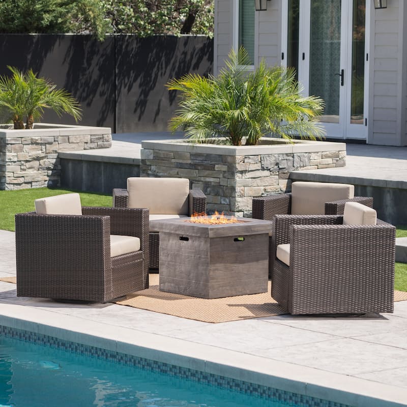 Puerta Outdoor 4-piece Wicker Swivel Chair Set with Square Firepit by Christopher Knight Home