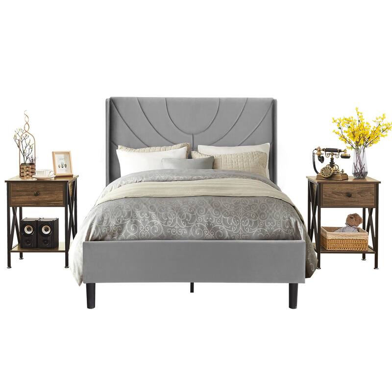 VECELO Bedroom Sets 3-pieces Bedroom Set with Height Adjustable Upholstered Bed and Nightstands Set of 2