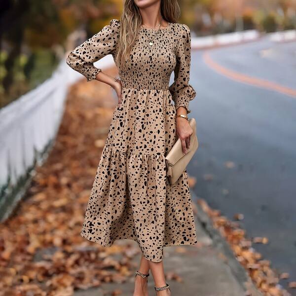 Khaki Leopard Print Smocked Peasant Dress - Bed Bath & Beyond - 42099811