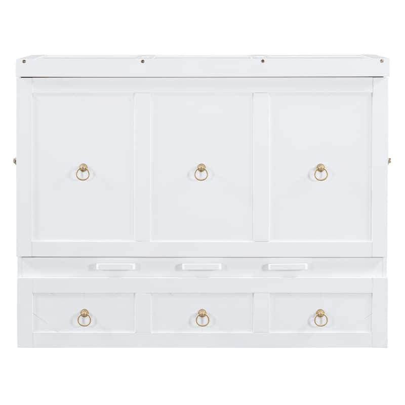 White Full Size Murphy Bed with Pulley Design, Drawer, and USB Ports