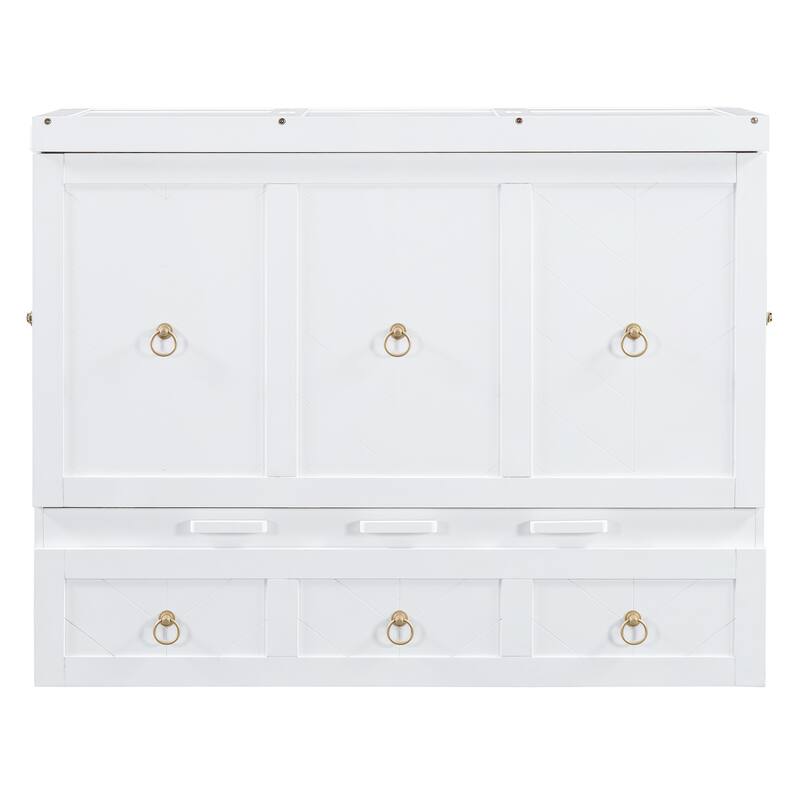 White Full Size Space-Saving Murphy Bed with USB & Large Drawer