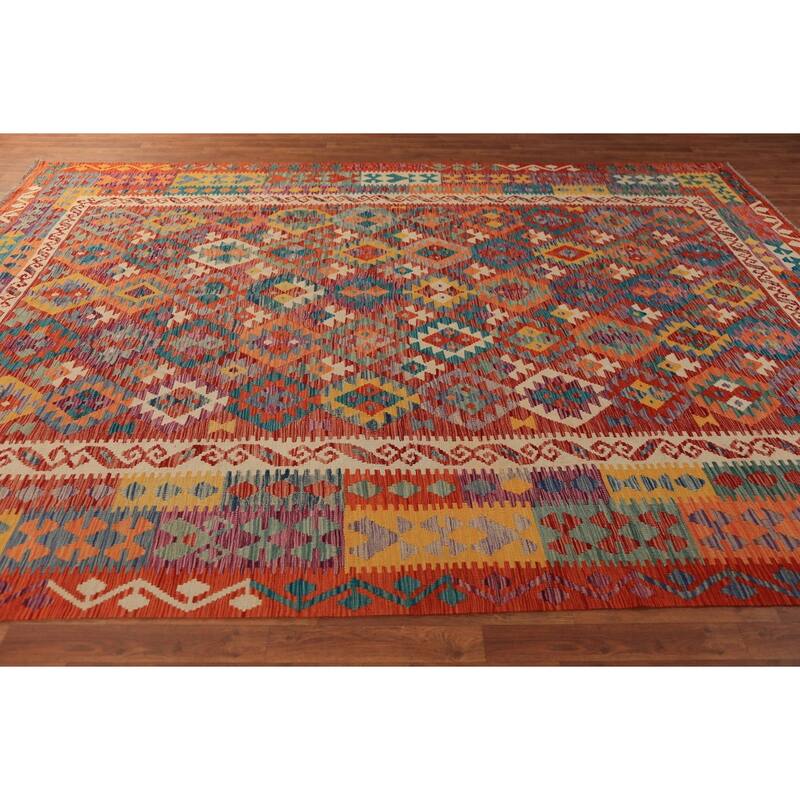 Geometric Kilim Area Rug Hand-Woven Orange Wool Carpet - 8'7"x 11'5"