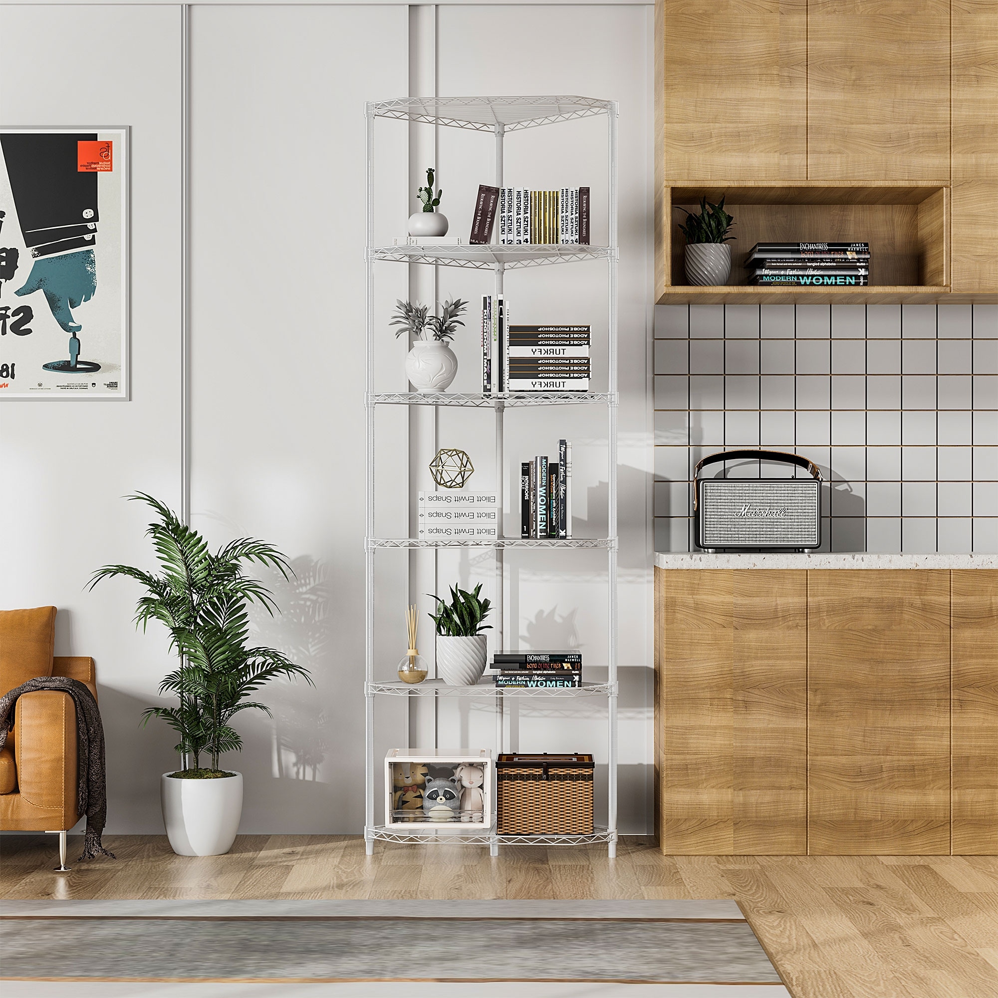 6 Tier Shelf Corner Wire Shelf Rack Pentagonal Shelves Adjustable Metal Heavy Duty Free Standing Storage Display Chrome Rack