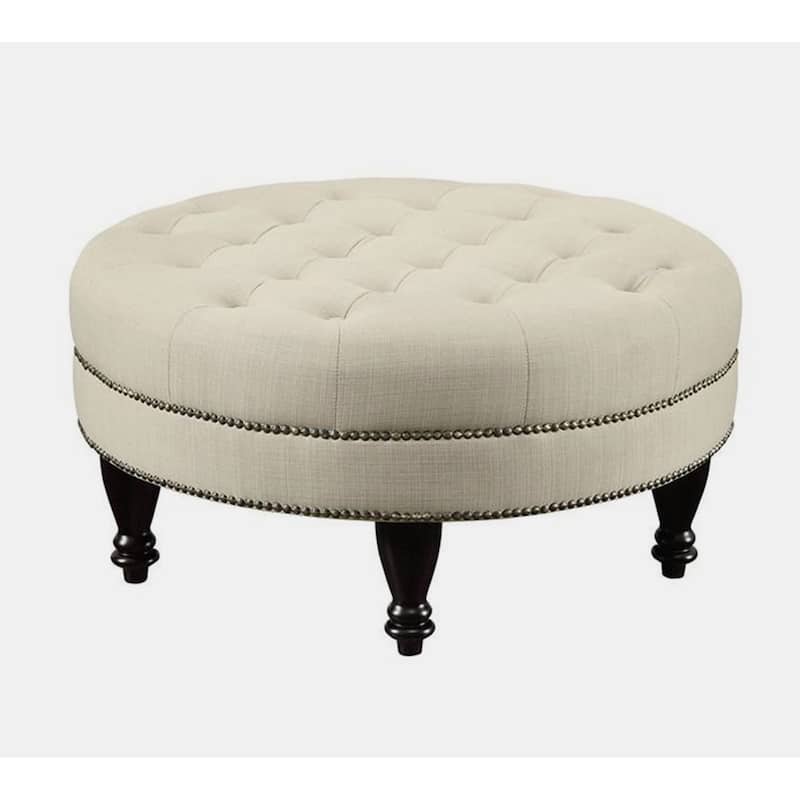 Jessi Round Button Tufted Ottoman with Nailhead Trim