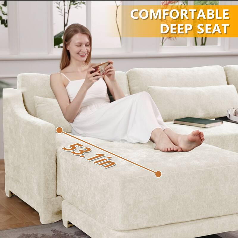 141.7" Chenille Modular 4-Seater Sofa with Ottoman & Ergonomic Wood Base