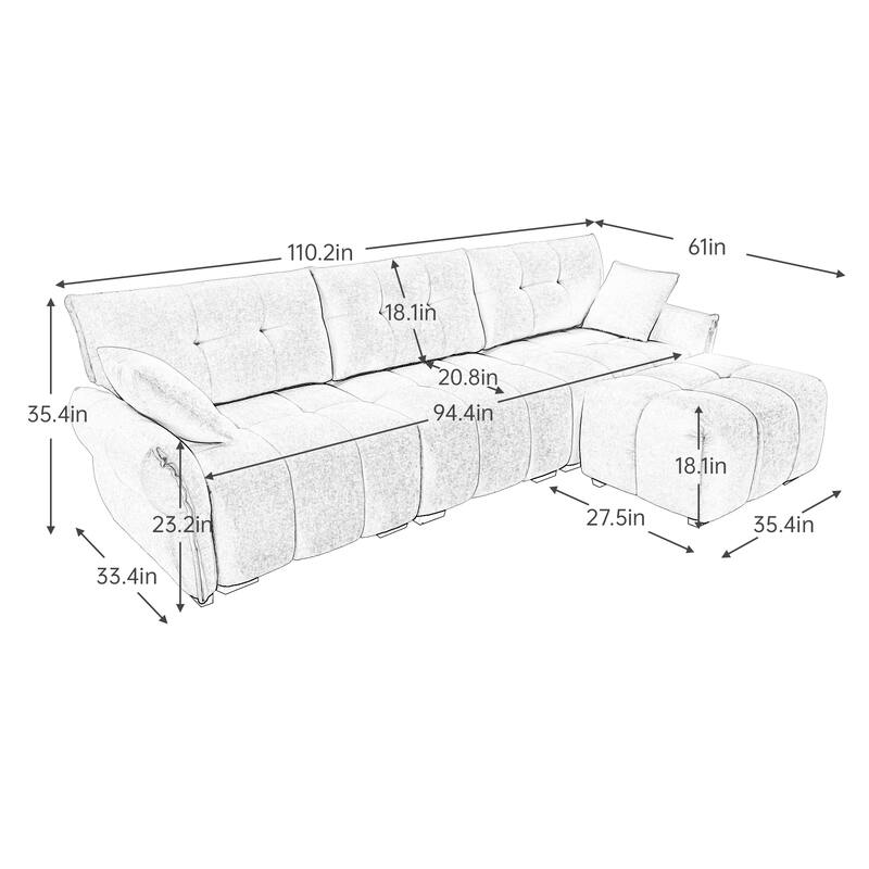 110.2" Chenille 3-Seater Sofa Set with Ottoman and Pillows, Solid Wood Frame and High-Resilience Cushions
