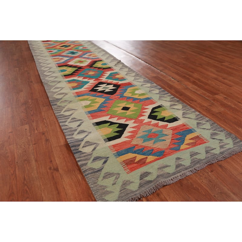 Hand Woven Oriental 100% Wool Carpet Southwestern All-Over Multi-Colored Kilim Runner Rug - 12' 10'' X 2' 7''