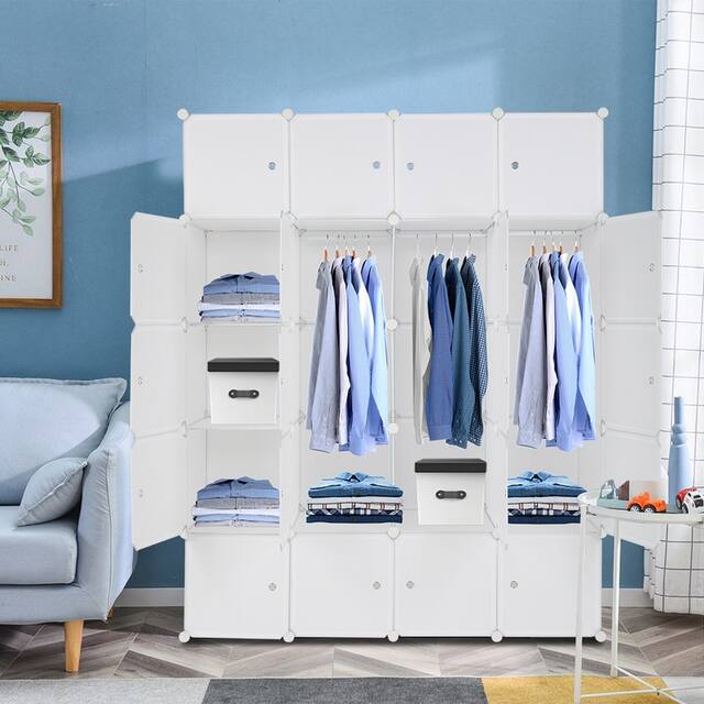 8/12/16/20 Cube Organizer Stackable Plastic Cube Storage Closet Cabinet with Hanging Rod White - 20 Cube