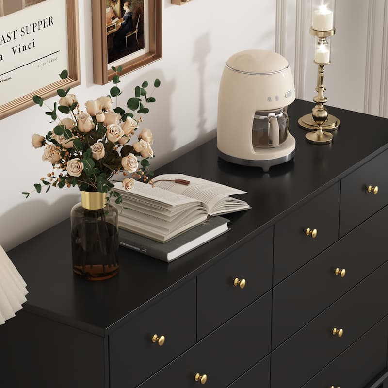 Black 8 Drawer Dresser with Solid Wood Legs, Modern Double Dresser Storage Cabinet for Bedroom, 55.1" Wide