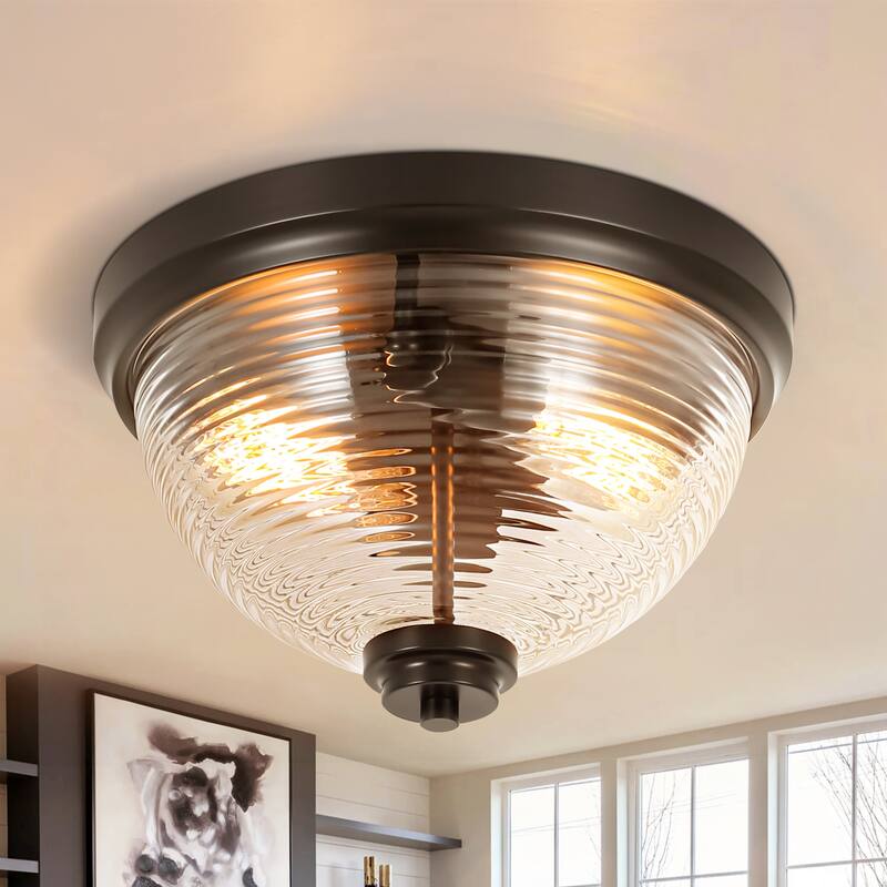 11.8 in. 2-Light Modern Matte Black Dome Flush Mount Ceiling Light with Clear Ribbed Glass Shade for Bedroom