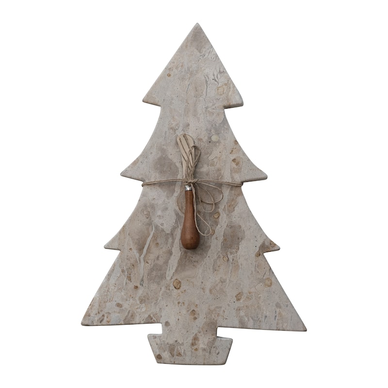 Marble Tree Shaped Cheese and Cutting Board with Stainless Steel and Mango Wood Canape Knife - 16.5"L x 10.75"W x 0.5"H - Buff Color;Natural