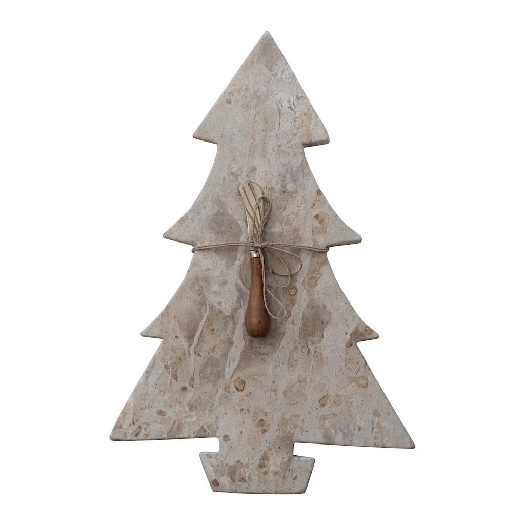 Marble Tree Shaped Cheese and Cutting Board with Stainless Steel and Mango Wood Canape Knife - 16.5"L x 10.75"W x 0.5"H
