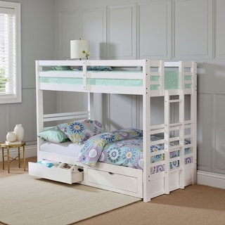 Batu Twin Over Twin Bunk Bed, White Wood Extendable, 2 Storage Drawers