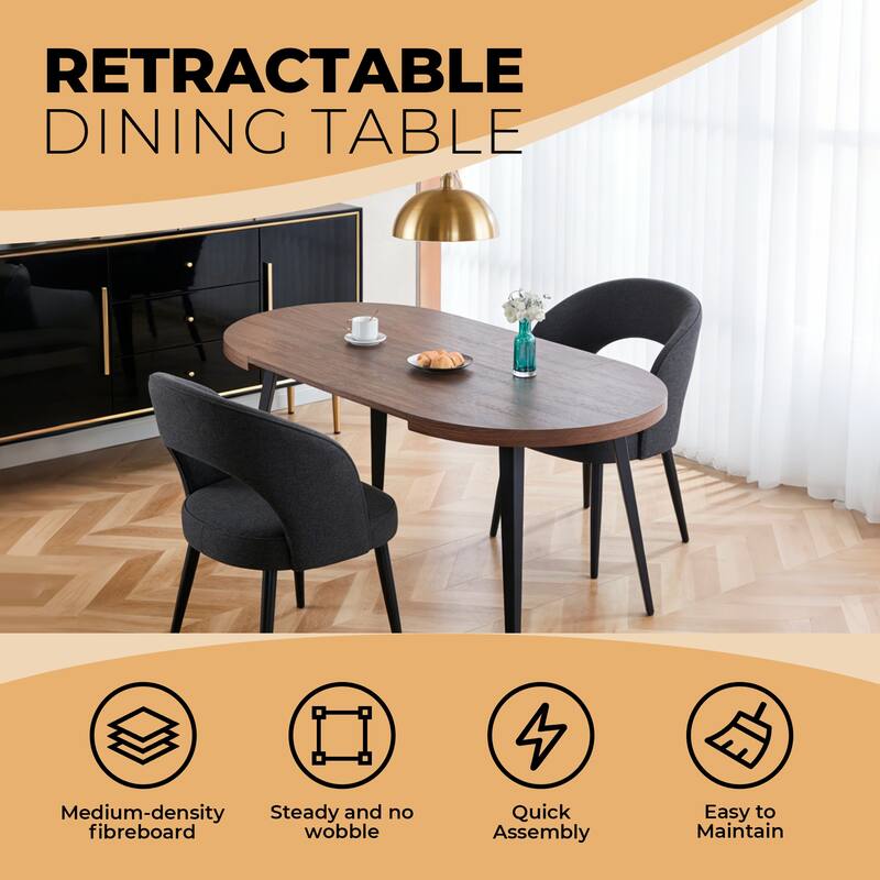 Modern Extensible Oval Dining Table 4-6 Person, Kitchen Table with MDF Top & Metal Legs for Dining Room, Living Room - Walnut