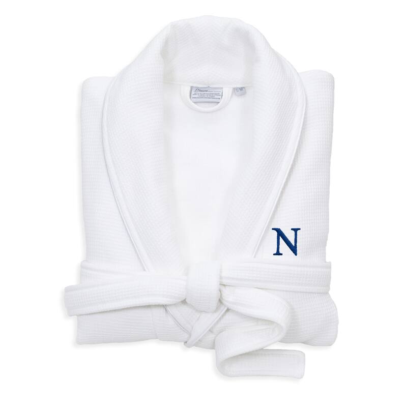 Authentic Hotel and Spa White Unisex Turkish Cotton Waffle Weave Terry Bath Robe with Navy Block Monogram - S/M - N