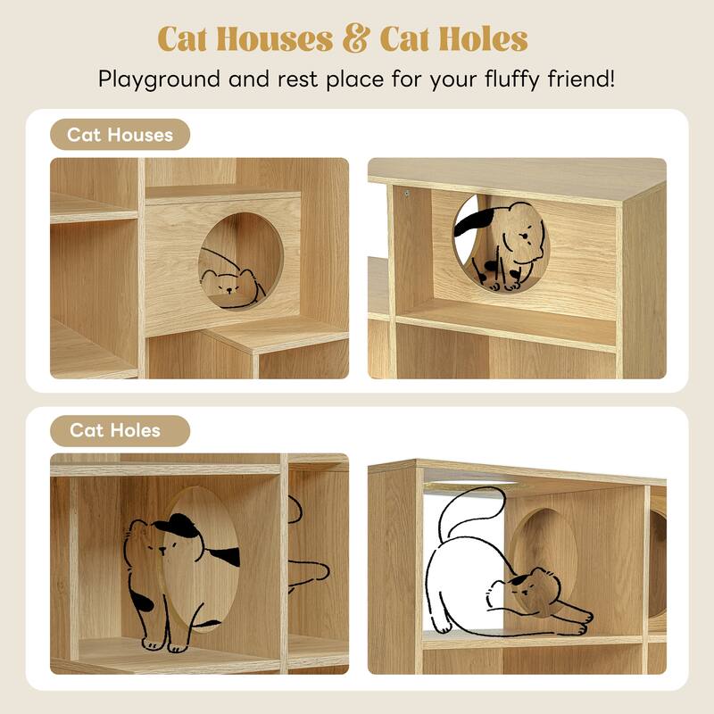 Modern 2-in-1 Cat Tree & Bookshelf - Wood Cat House with Litter Box Enclosure, Display Case & Storage