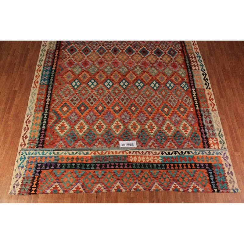 Reversible Kilim Oriental Area Rug Flatweave Wool Carpet - 10'4"x 13'0"