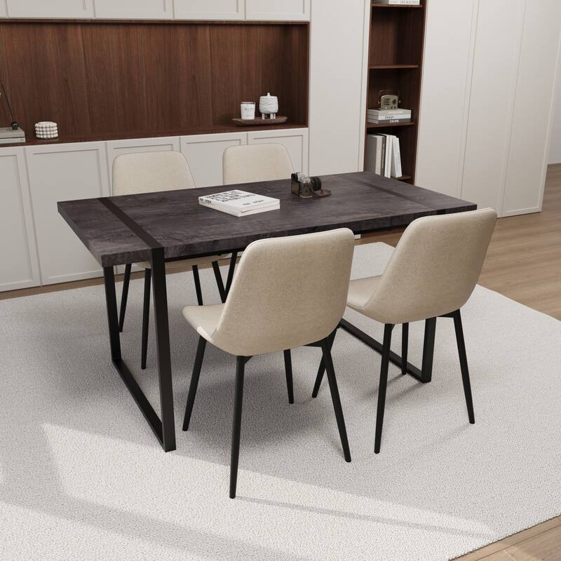 Modern 5-Piece Dining Set with Rectangular Metal Base Table & 4 Square Corner Suede Chairs