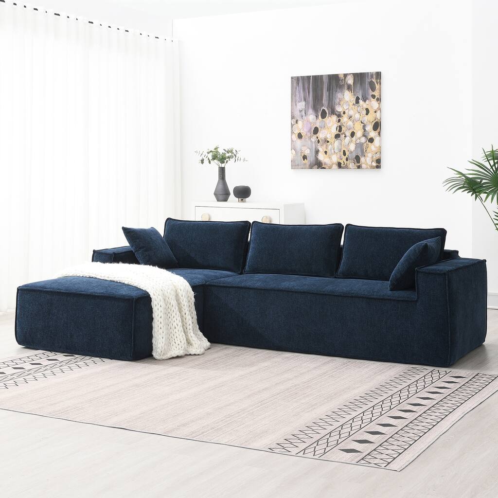 Blue 111.5" L-Shaped Modular 4-Seat Sofa with Chaise, 2 Pillows, and Wrinkle-Resistant Chenille
