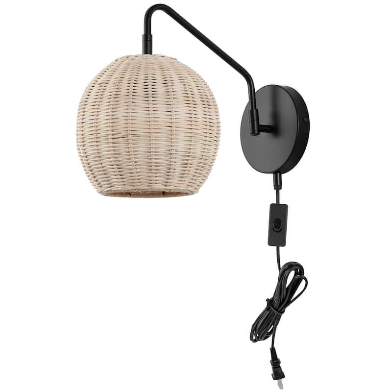 SAFAVIEH Lighting Grigory Wall Sconce (Set of 2) - Black/Natural Rattan - 9"W x 15"D x 12"H