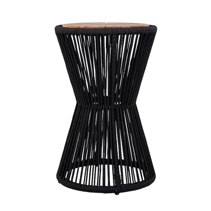 Roomfitters 25.8" Outdoor Side Table Modern Woven Rope Hourglass Patio Accent Table with Teak Wood Finish Top