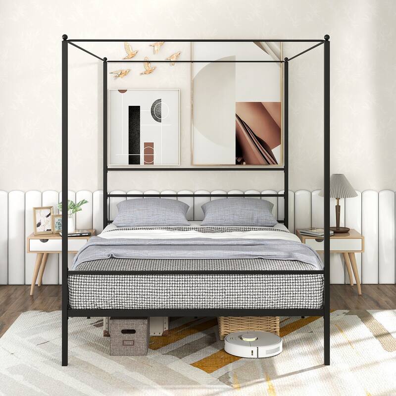 Gymax Twin/Full/Queen Metal Canopy Platform Bed Frame Mattress