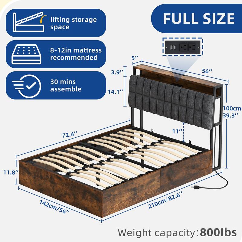 Moasis Lift-Up Storage Bed Frame with Charging Station & Storage Headboard