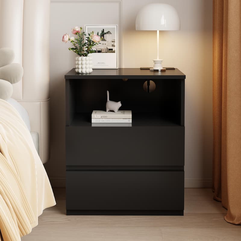 End Table with Fast USB C Charging Station, Sofa Side Table with 2 Drawers, Large Storage Modern Wood Storage Cabinet - Black