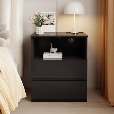 End Table with Fast USB C Charging Station, Sofa Side Table with 2 Drawers, Large Storage Modern Wood Storage Cabinet