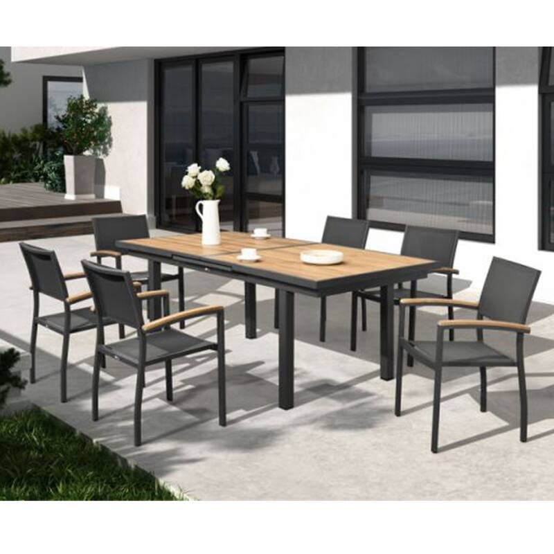 HIGOLD - Heck 9 Pieces Retractable Patio Dining Sets for 8 Seaters Outdoor Dining, Grade A Teak, Space Alum, Matte Charcoal