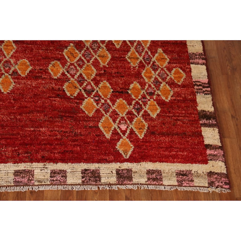 Red Geometric Moroccan Oriental Area Rug Handmade Tribal Wool Carpet - 6'7" x 9'10"