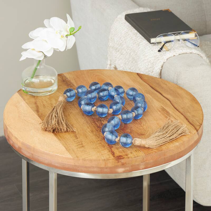Glass Handmade Round Frosted Beaded Garland with Tassel with Knotted Brown Jute - Blue