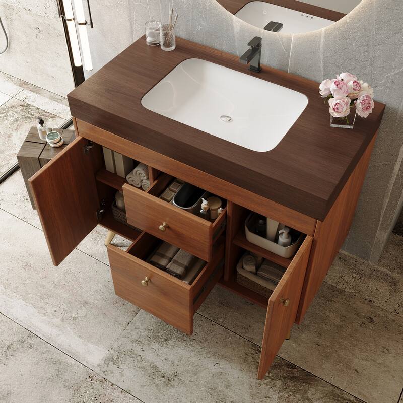 36" Modern Freestanding Bathroom Vanity with Sintered Stone Top, Ceramic Sink & Smart Storage
