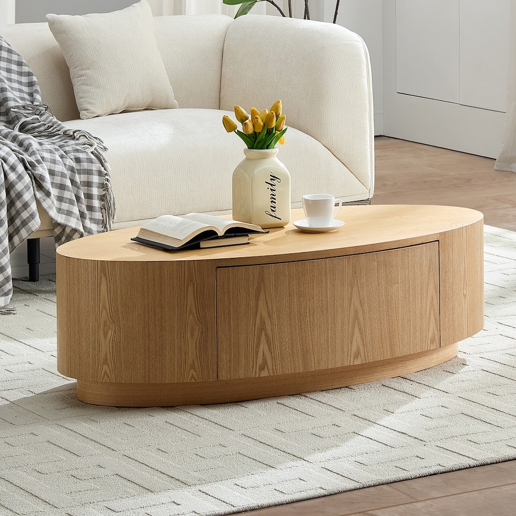 Oval Coffee Table Accent Table with Drawer, Elegant Side Table Sofa Table Natural Center Table End Table