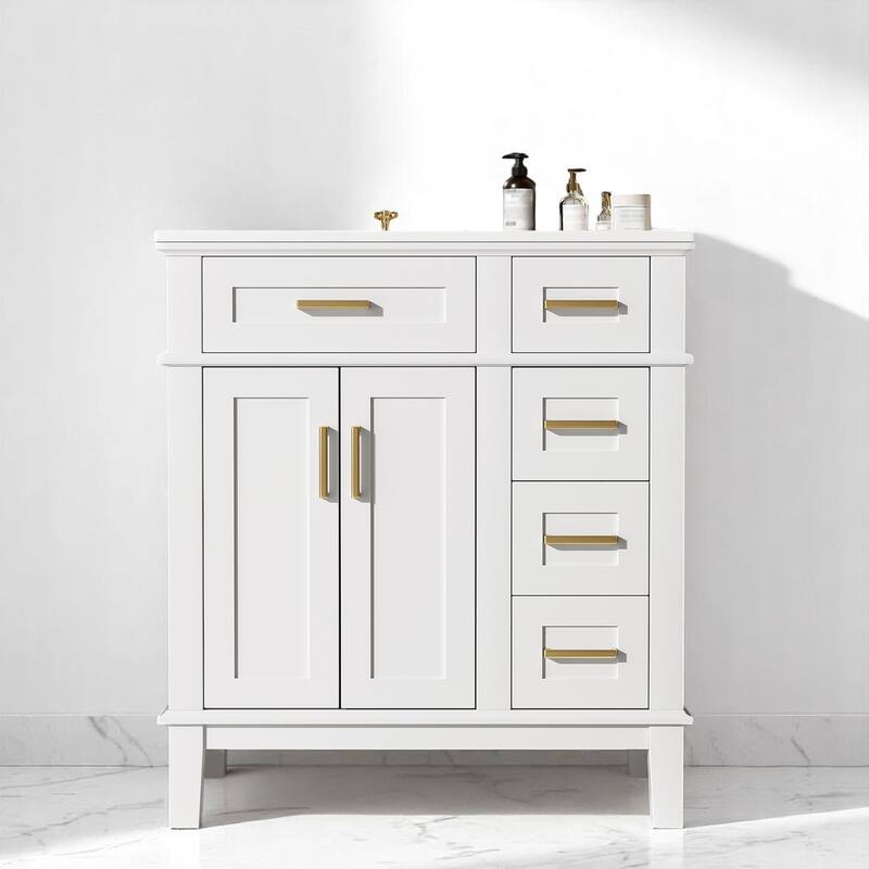 30" Bathroom Vanity with Ceramic Sink, Deep Drawer, Gold Handles & Soft-Close Doors - Modern Storage Cabinet - White