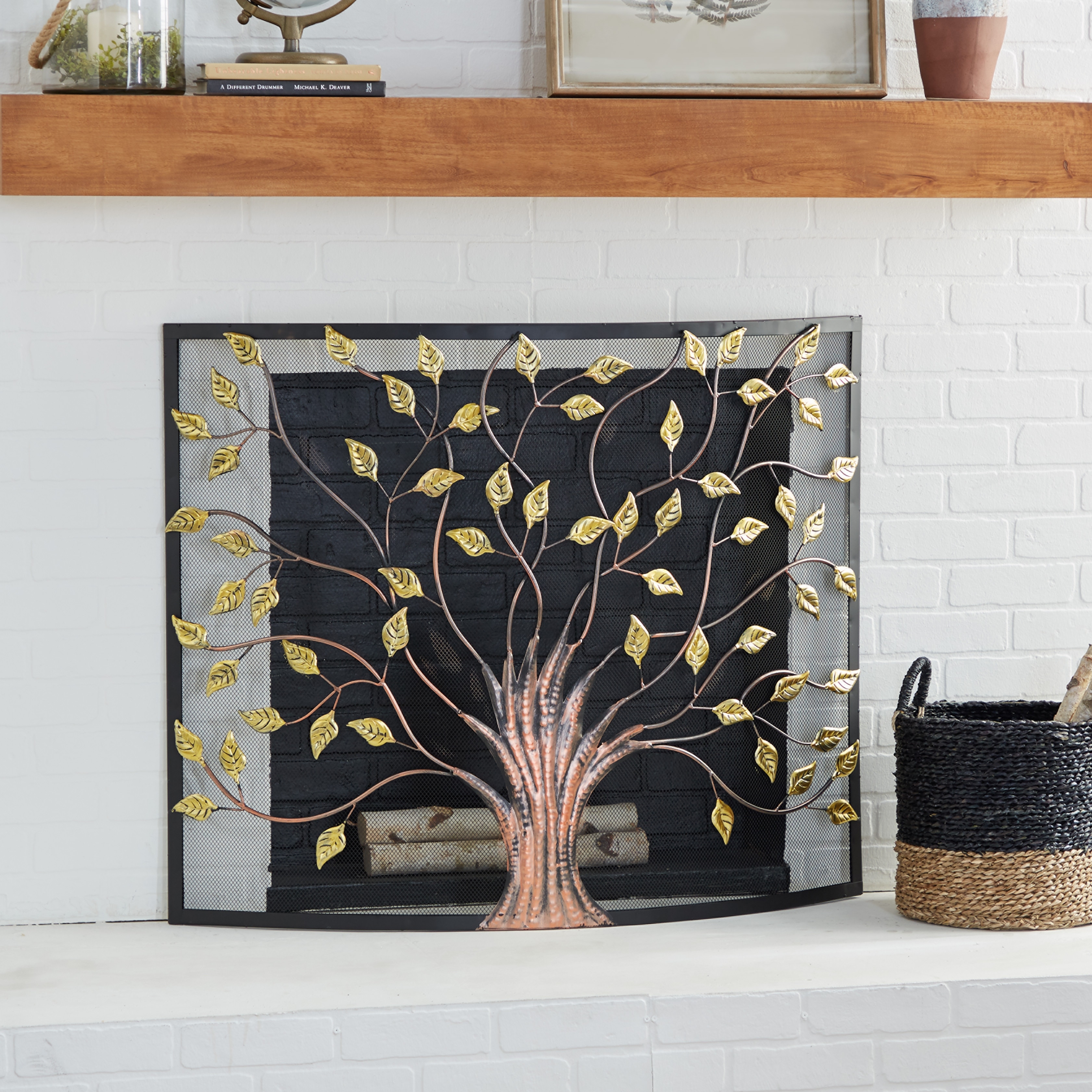 Bronze Metal Sculpted Relief Single Panel Tree Fireplace Screen with Curved  Mesh Netting - Bed Bath & Beyond - 35410467