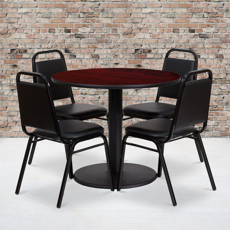 36'' Round Table Set with Round Base and 4 Trapezoidal Back Banquet Chairs