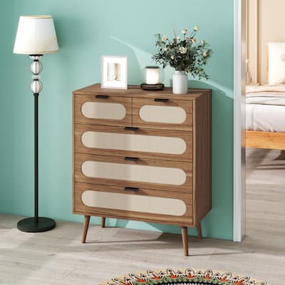 Roomfitters Mid Century 5 Drawer Storage Cabinet, Accent Chest with Rattan Fronts for Bedroom, Walnut