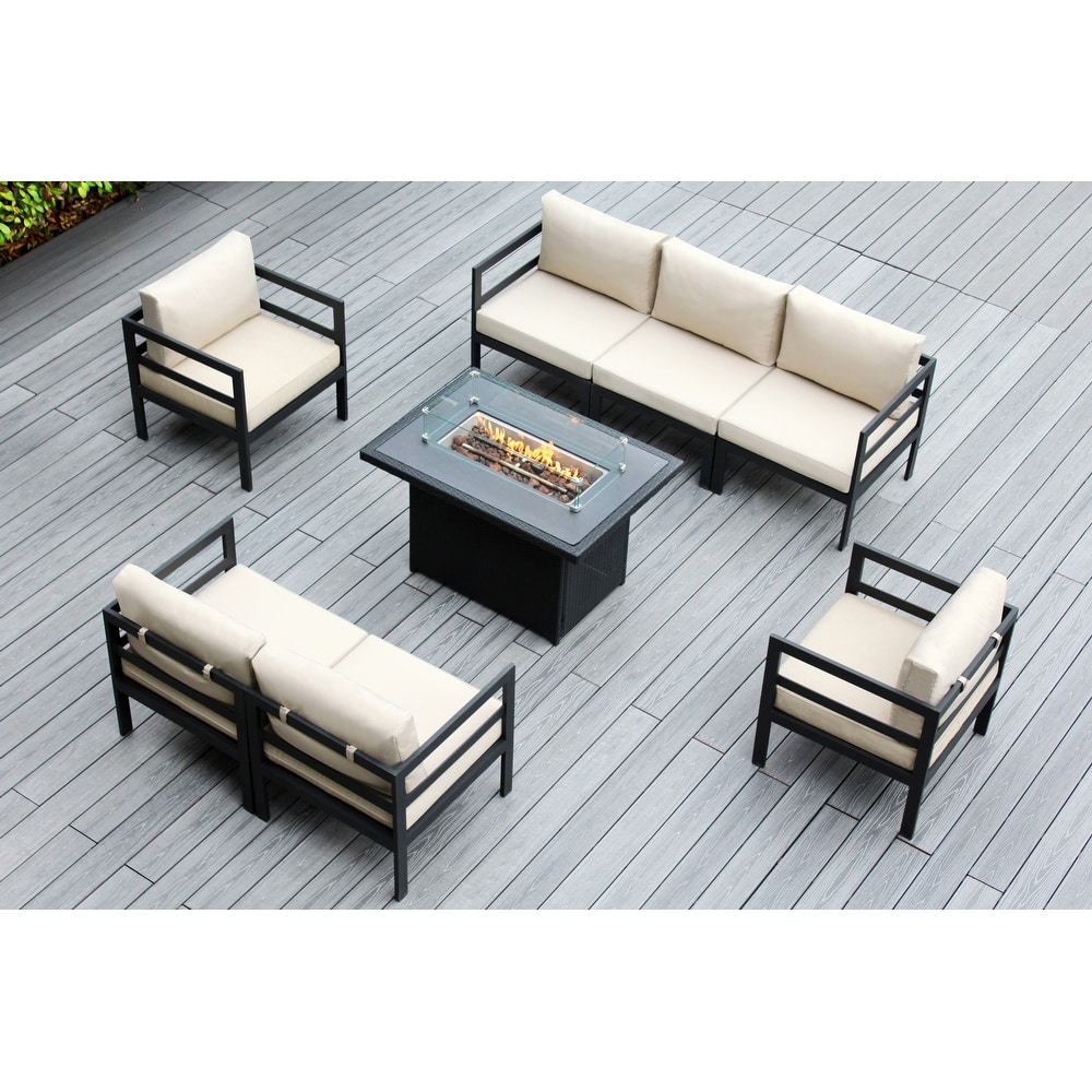 Ohana Outdoor 8-pc. Cushioned Aluminum Sectional with 42" Fire Table