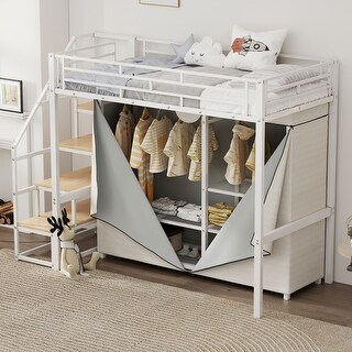 Metal Loft Bed with Wardrobe and Storage Shelves