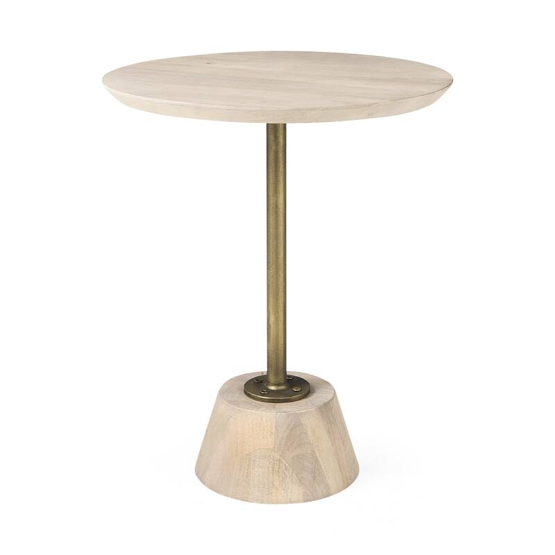 Contemporary 20” Round Solid Wood End Table with Thick Top and Pedestal Base for Living or Bedroom - 20”L x 20”W x 24”H - Beige