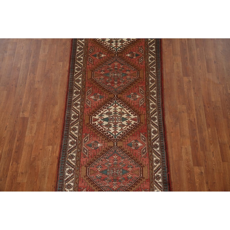 Red Ardebil Persian Vintage Runner Rug Handmade Hallway Wool Carpet - 3'3"x 9'3"