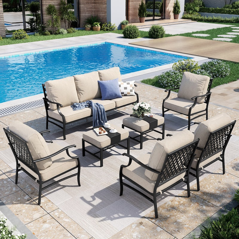 MAISON ARTS Patio Conversation Sets 5/7/9-Seat, Sofa Set with 2 Single Sofa Chairs, 3-Seater Sofa, Ottoman and Coffee Table - 7-Piece - Set 1