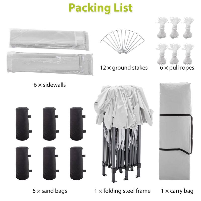 10 ft. x 20 ft. Pop Up Canopy Outdoor Portable Party Wedding Tent with 6 Removable Sidewalls and Carry Bag + 6pcs Weight Bag