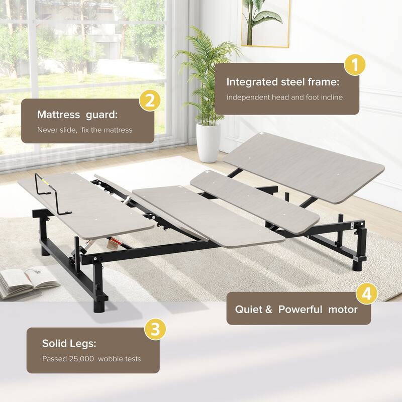 Queen Size Steel Frame Adjustable Foldable Bed with Wireless Remote - Independent Head/Foot Incline