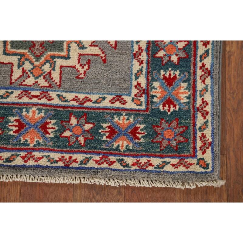 Hand Knotted Oriental 100% Wool Carpet Traditional Geometric Greys & Charcoal Kazak Area Rug - 2' 10'' X 1' 11''