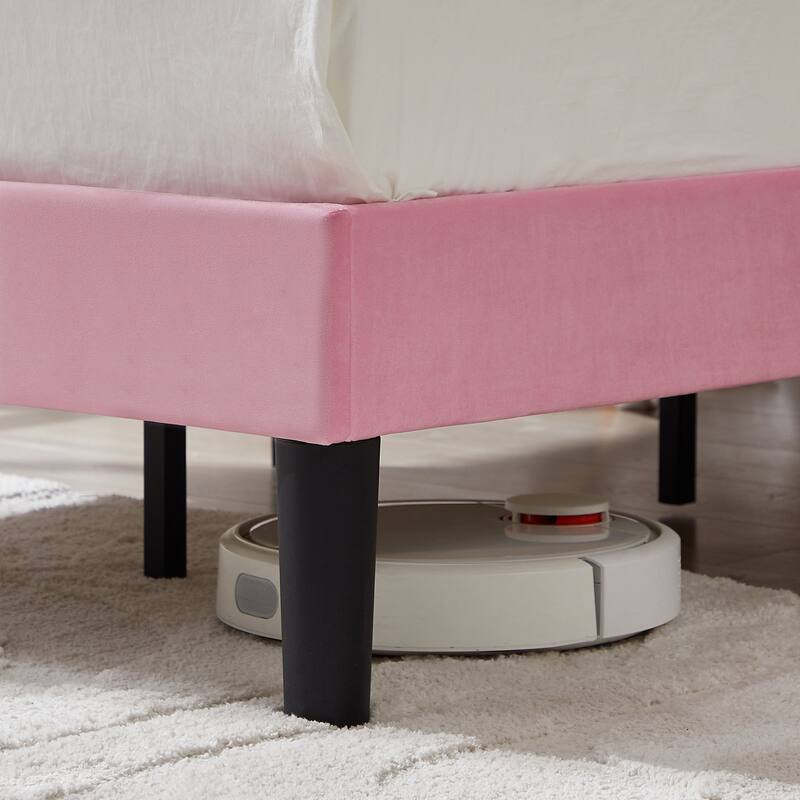 VECELO Pink Velvet Upholstered Bed Frame with Adjustable Headboard No Box Spring Needed Under Bed Storage Platform Bed