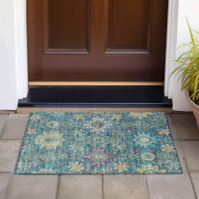 Machine Washable Indoor/Outdoor Boho Traditional Chantille Rug - Teal - 1'8" x 2'6"