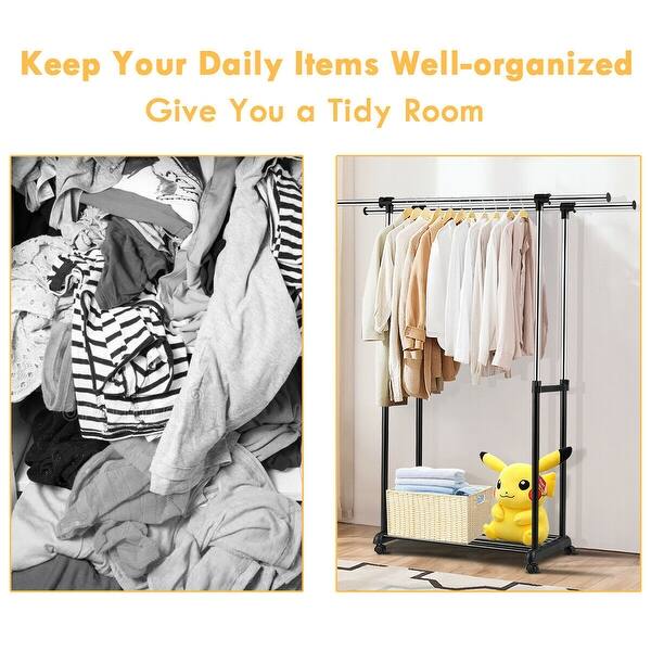 Shop Gymax Double Rail Clothes Rack On Wheels Adjustable Clothing